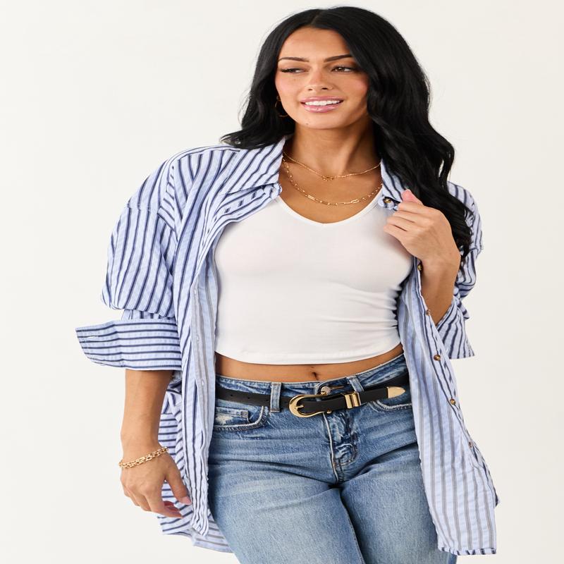 Entro Sky Blue Striped Long Sleeve Button Up Top