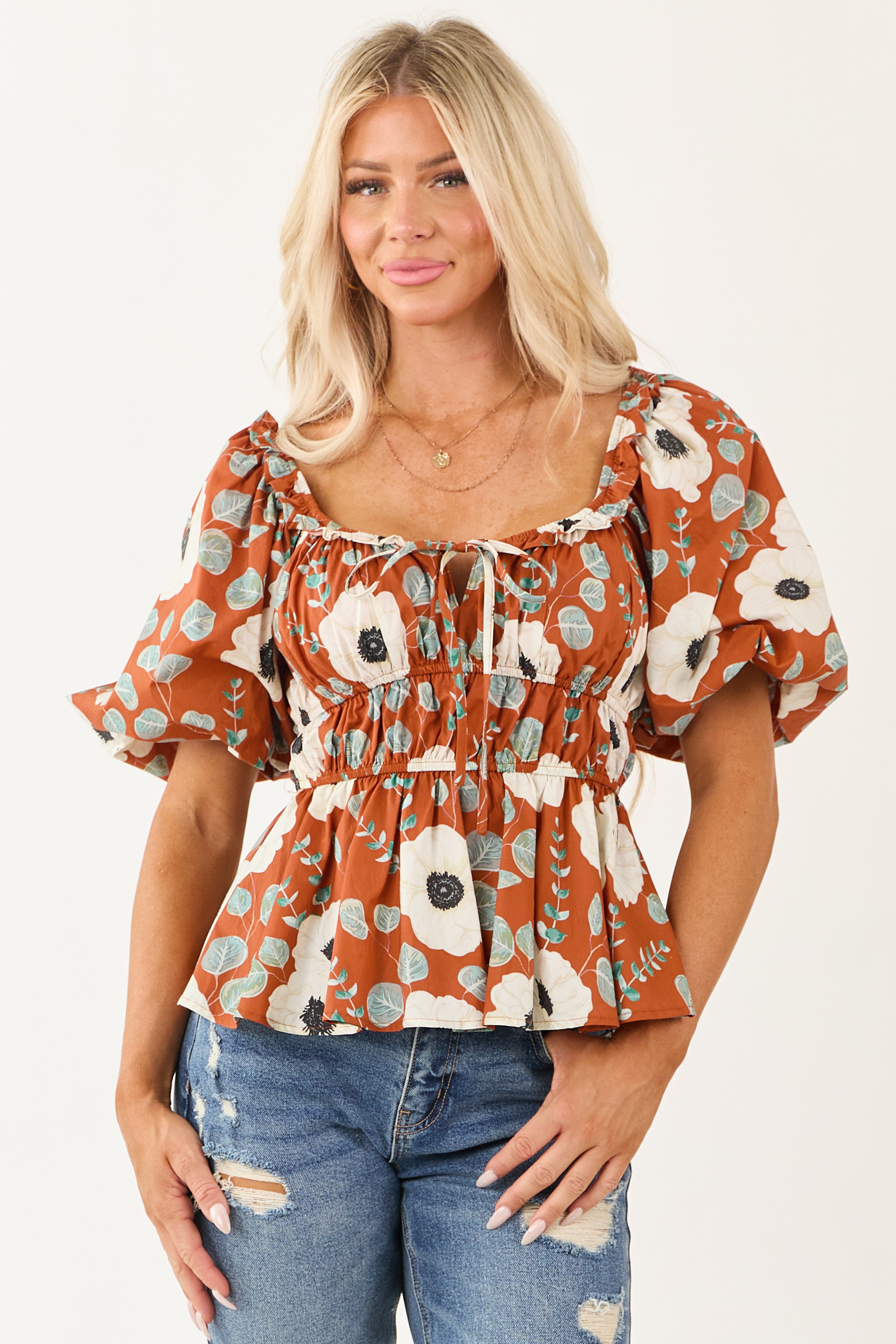 Entro Tawny Floral Smocked Waist Cotton Top