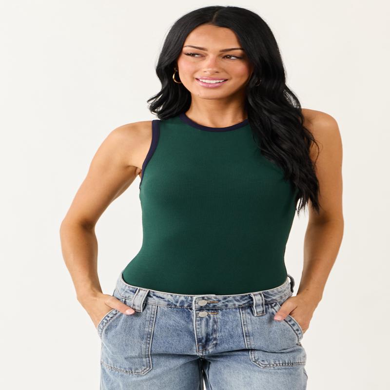Forest Green Contrast Trim Rib Knit Tank Bodysuit