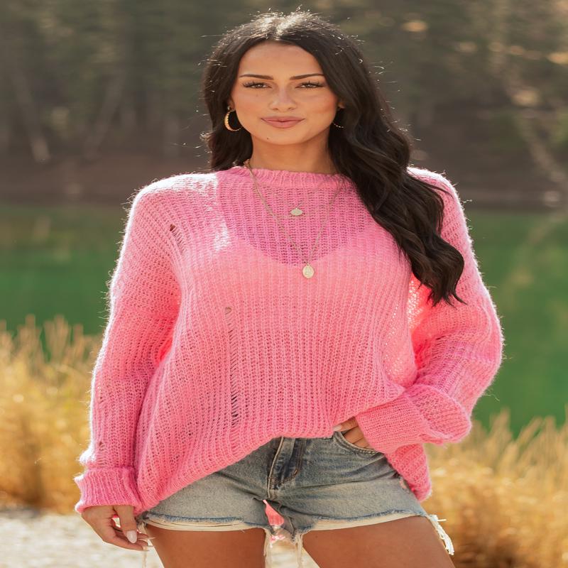 Fuchsia Wool Blend Distressed Ribbed Knit Sweater