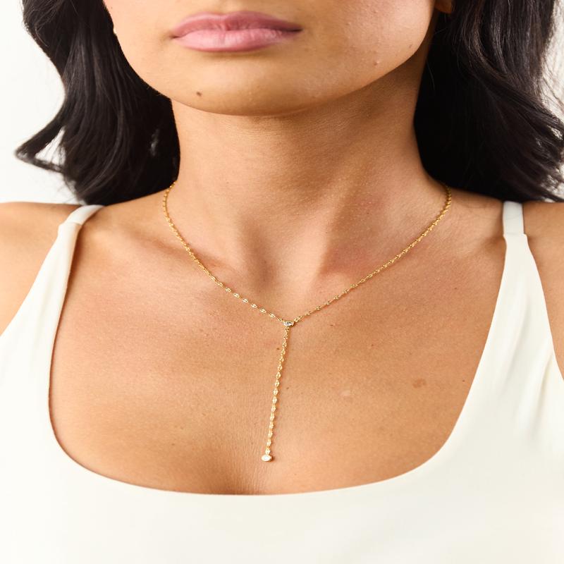Gold Metallic Chain Link Rhinestone Lariat Necklace