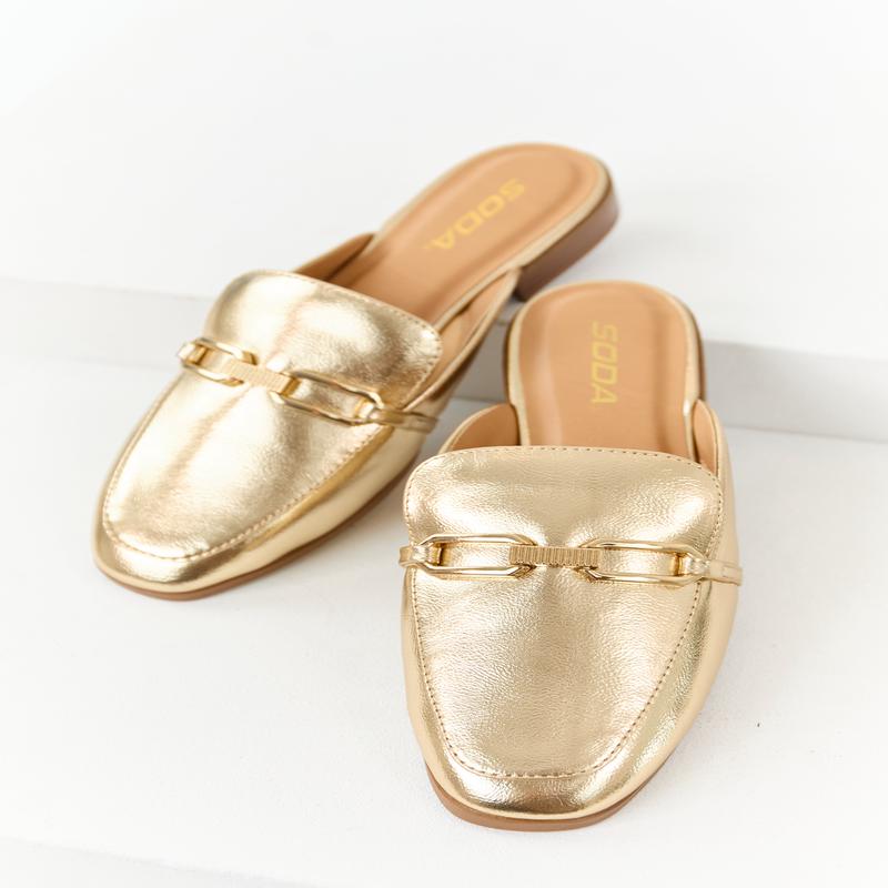 Gold Metallic Faux Leather Chain Link Mule Flats