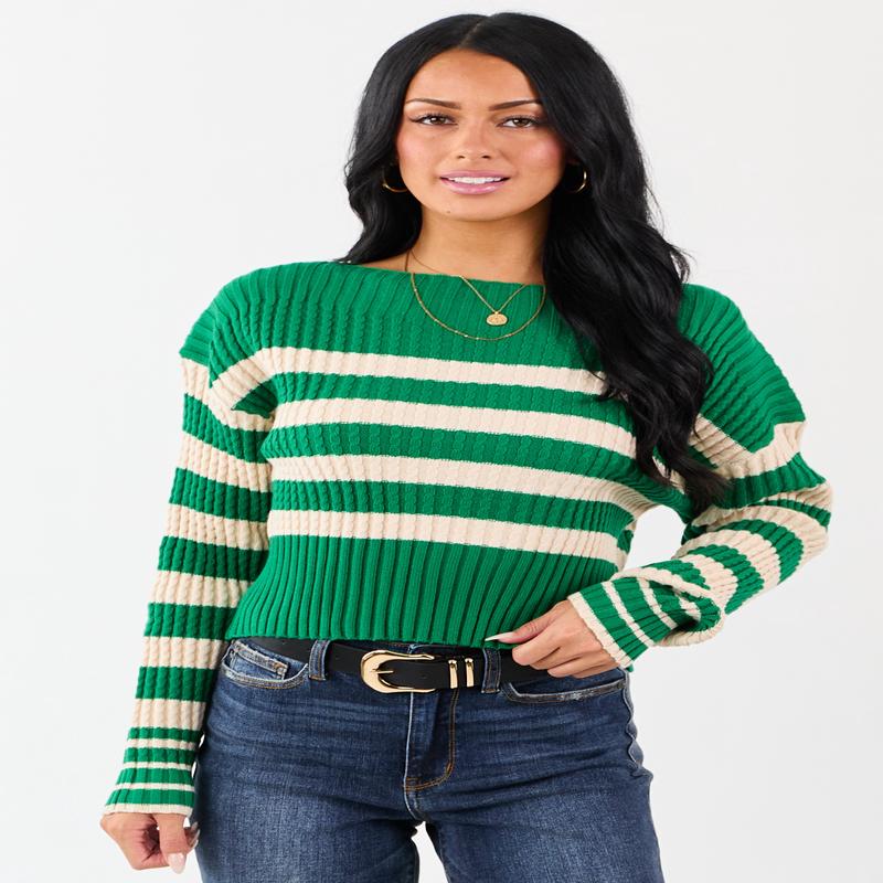 Kelly Green and Cream Stripe Boat Neck Sweater