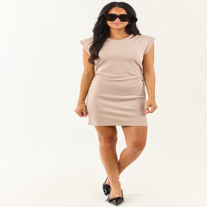 Latte Ruched Side Cap Sleeve Soft Knit Short Dress