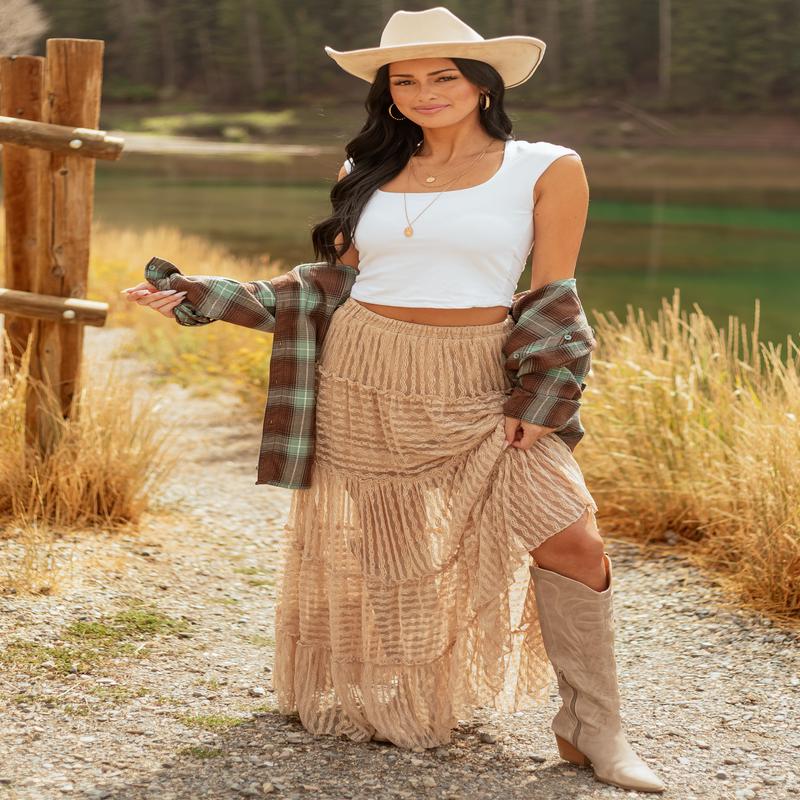 Latte Tiered Frill Lace Flowy Maxi Skirt