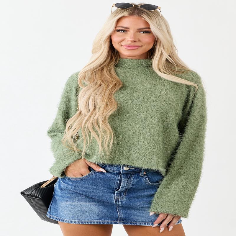 Light Juniper Turtleneck Fuzzy Knit Sweater
