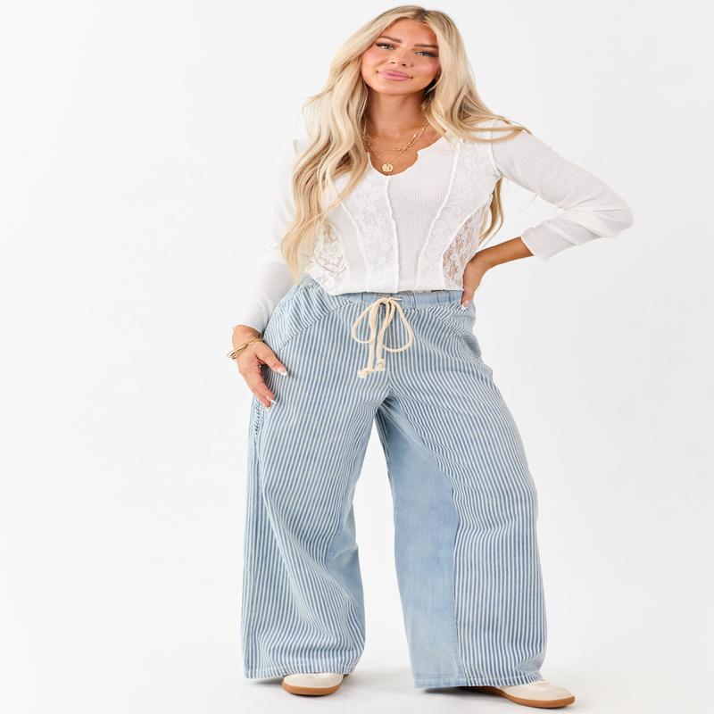 Light Wash Railroad Stripe Wide Leg Denim Pants
