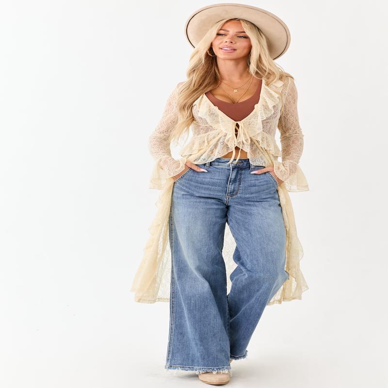 Listicle Cream Sheer Lace Ruffle Duster Cardigan