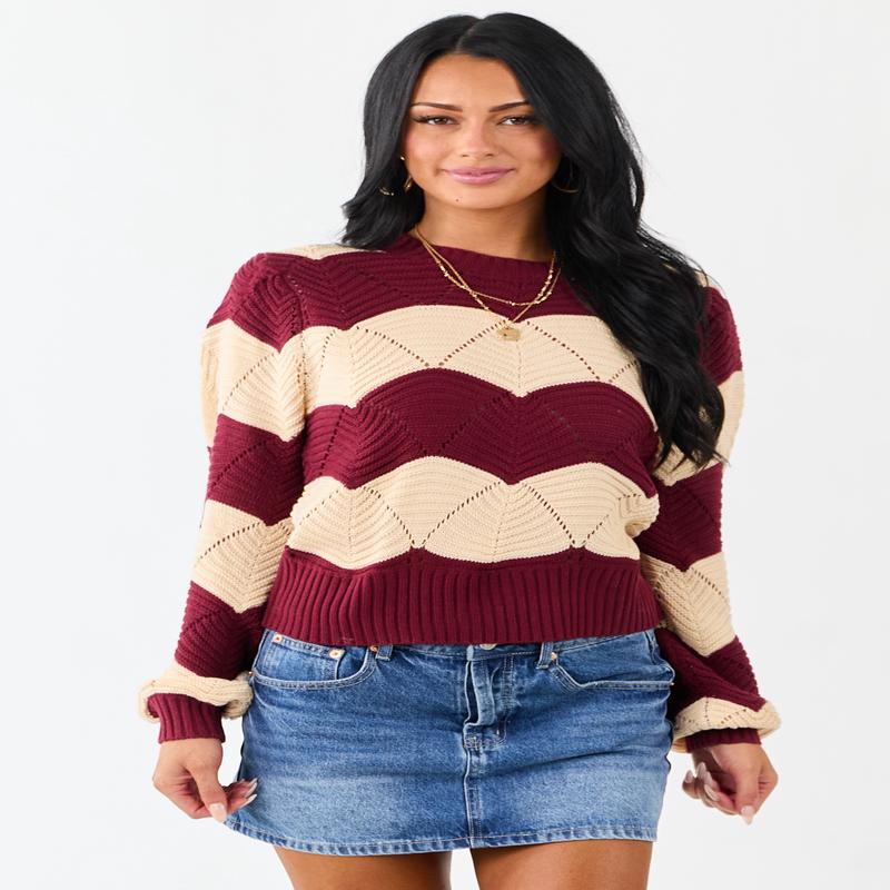 Listicle Wine Wavy Striped Open Knit Sweater