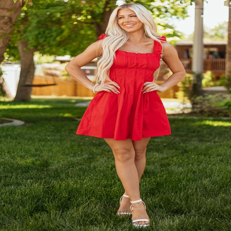 Lovelo Lipstick Pleated Cap Sleeve Cotton Mini Dress