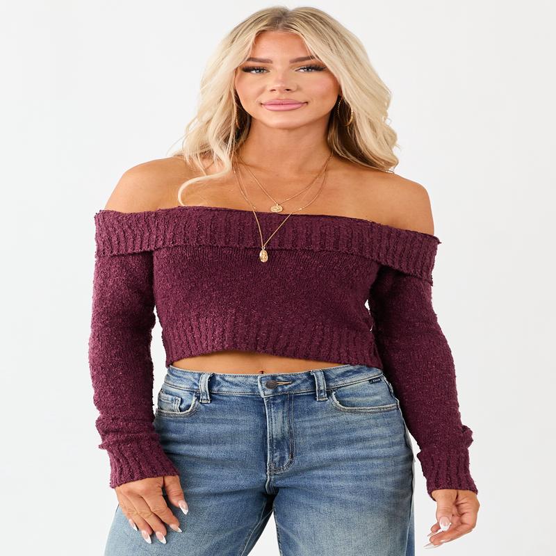 Maroon Off Shoulder Ribbed Trim Crop Sweater