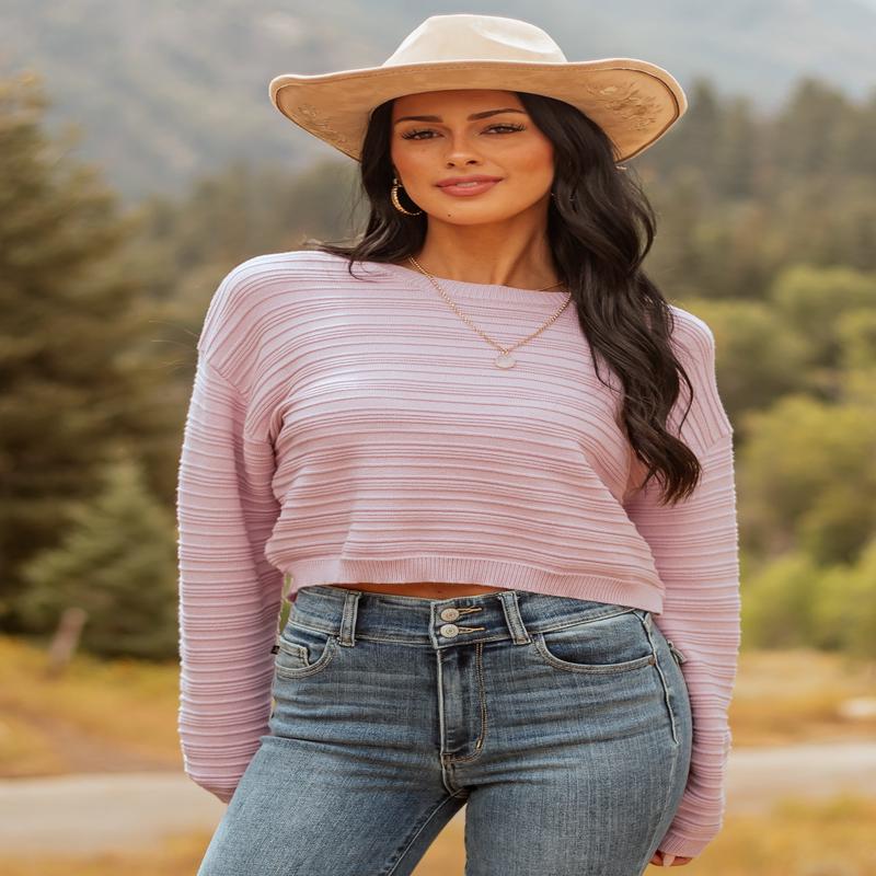 Mauve Long Sleeve Textured Knit Cropped Sweater