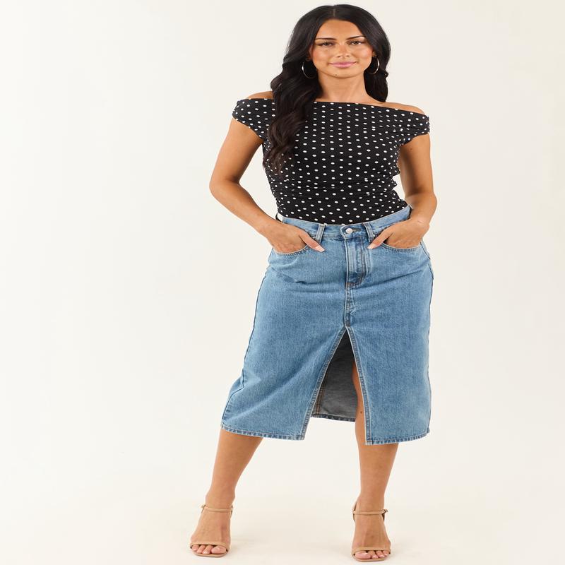 Medium Wash Denim Front Slit Midi Skirt