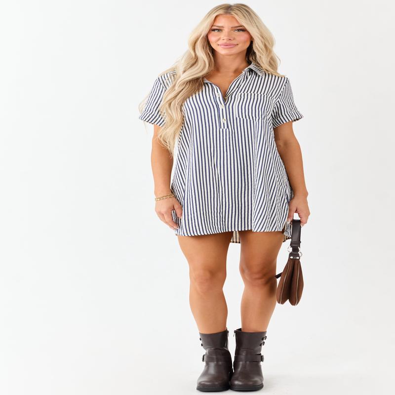 Navy and White Striped Button Up Mini Shirt Dress
