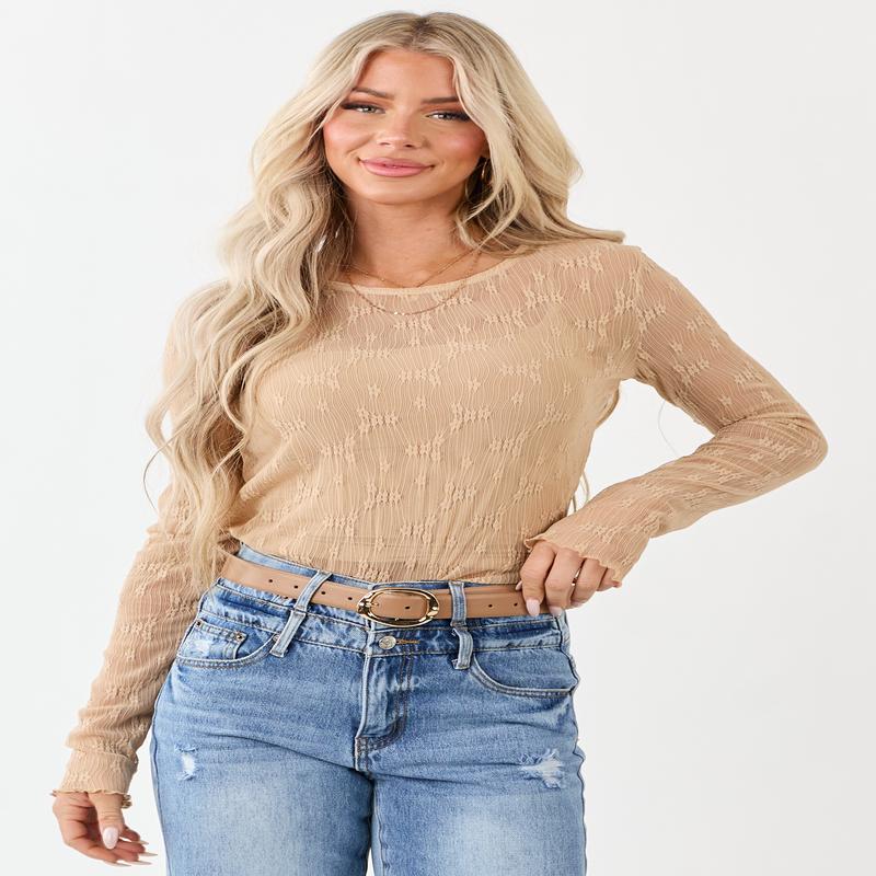 Nude Lace Round Neck Long Sleeve Top