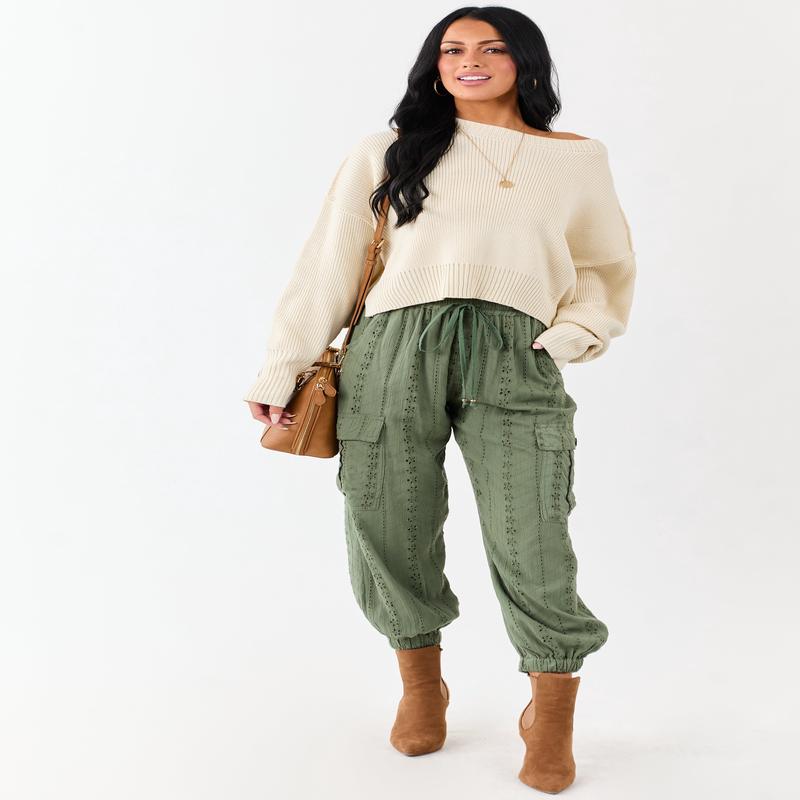 Olive Eyelet Lace Drawstring Cargo Jogger Pants