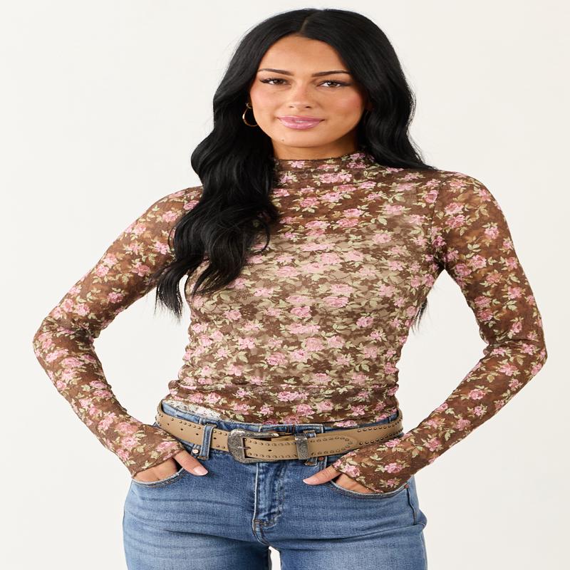 Peanut Floral Print High Neck Long Sleeve Mesh Top
