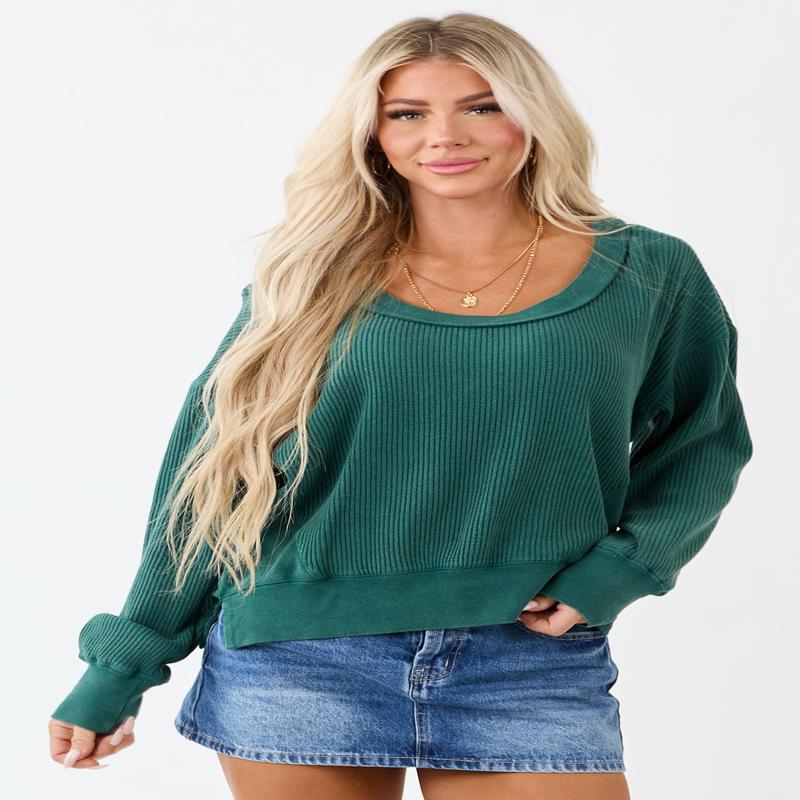 Pine Boat Neck Cotton Knit Relaxed Sweater