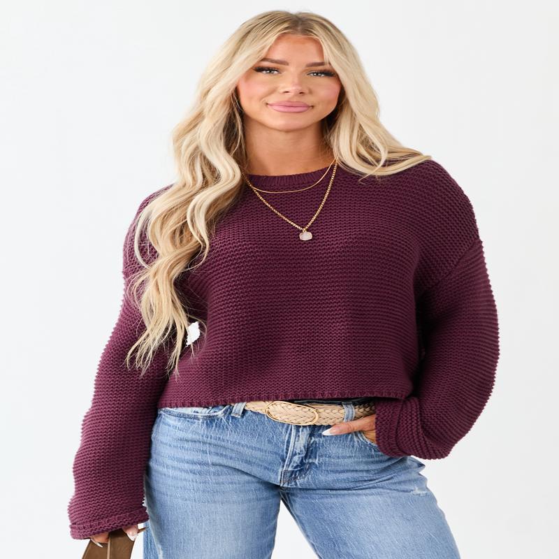 Plum Textured Knit Long Sleeve Crop Sweater
