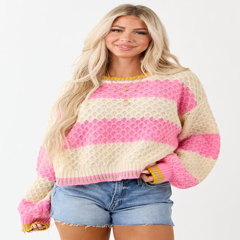 POL Bubblegum and Cream Striped Cable Knit Sweater
