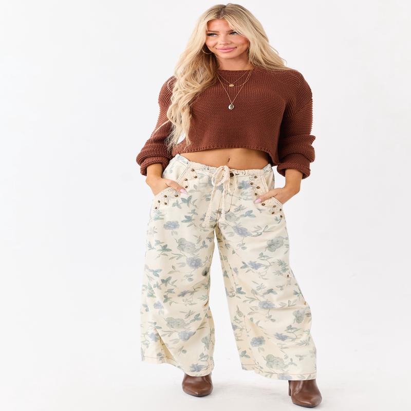 POL Cream Floral Print Wide Drawstring Denim Pants