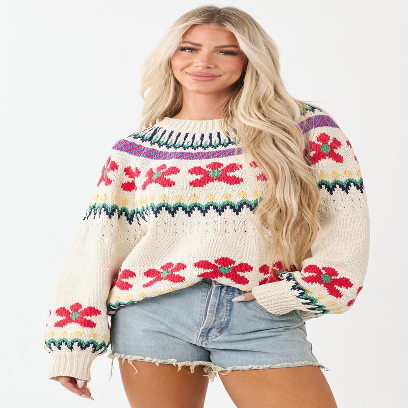 POL Cream Nordic Inspired Pattern Thick Knit Sweater