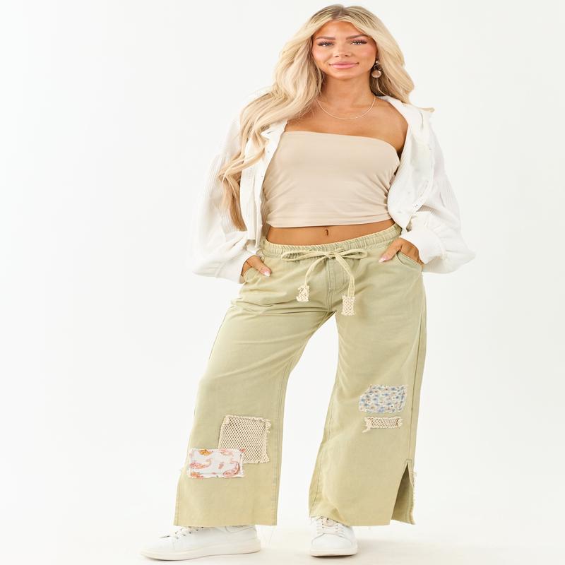 POL Sage Denim Wide Leg Patchwork Pants