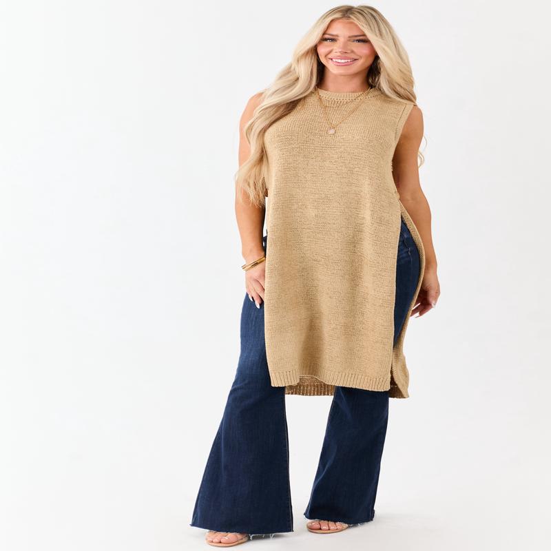 Sand Round Neck Side Slit Sweater Duster Vest