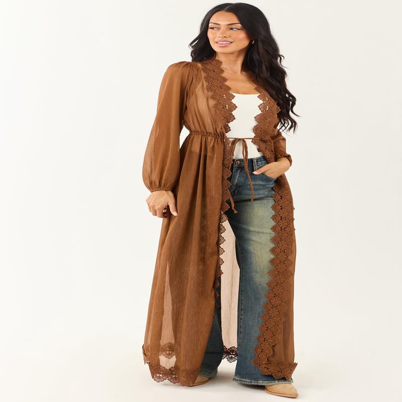 Sepia Lace Trim Tie Front Chiffon Duster Cardigan