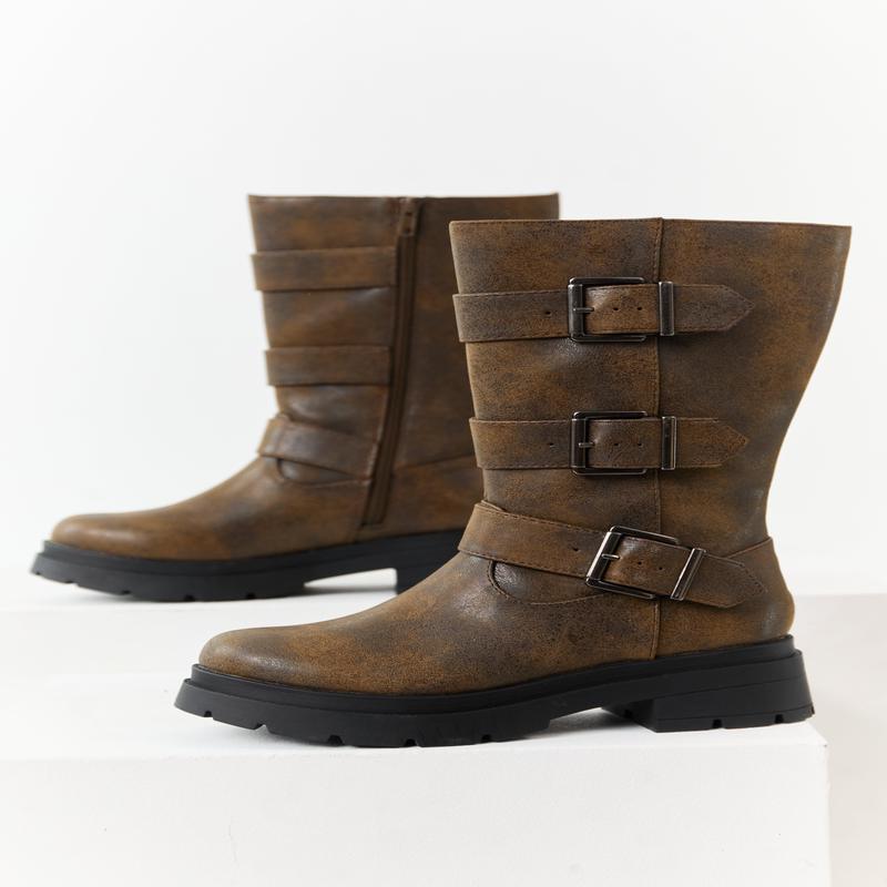 Walnut Textured Faux Leather Buckle Boots