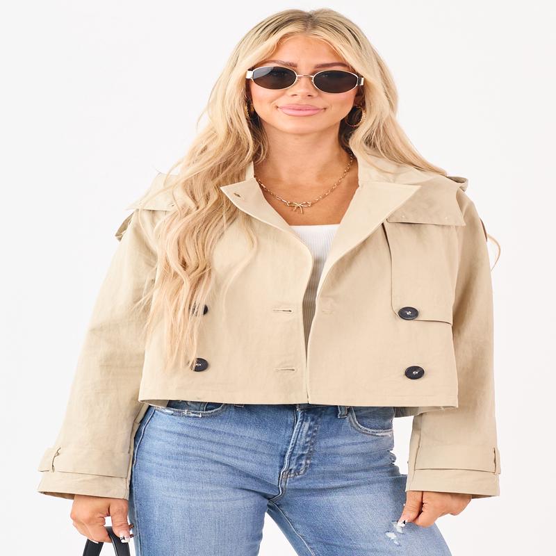 Beige Hooded Doubled Breasted Trench Jacket