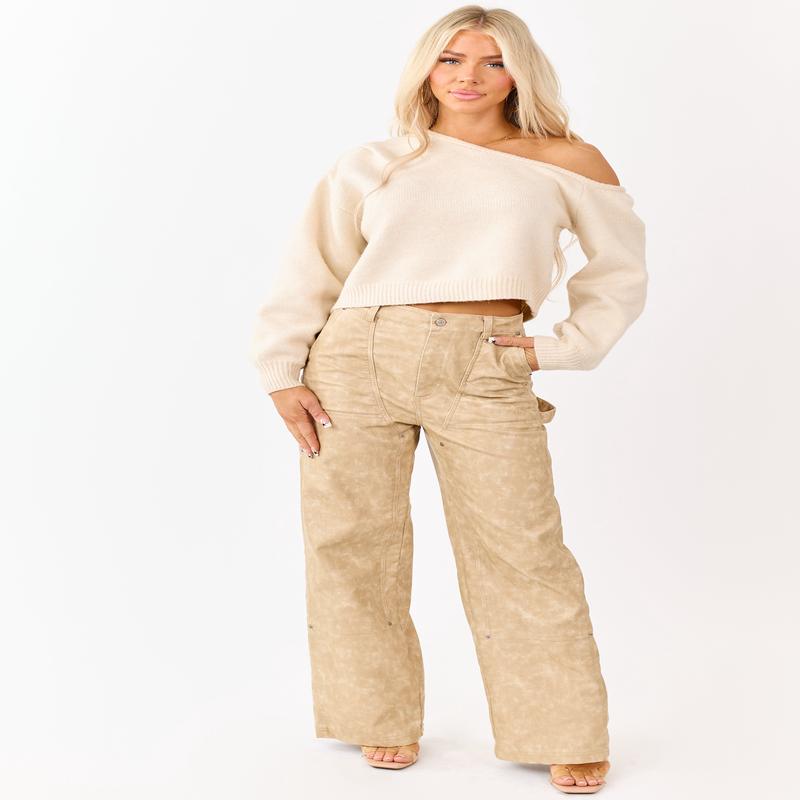Beige Mineral Wash Faux Leather Wide Leg Pants