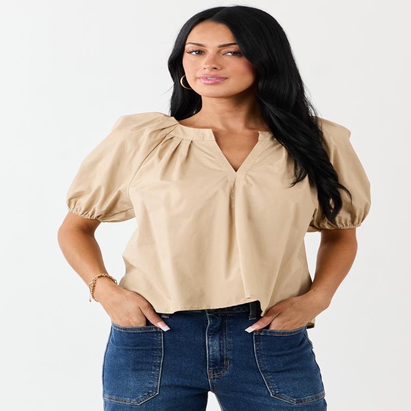 Beige Pleated Half Puff Sleeve Cotton Top