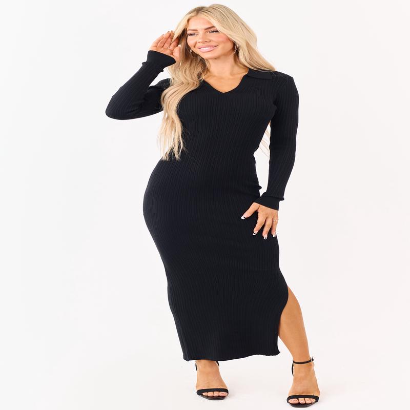 Black Collared Ribbed Knit Bodycon Maxi Dress