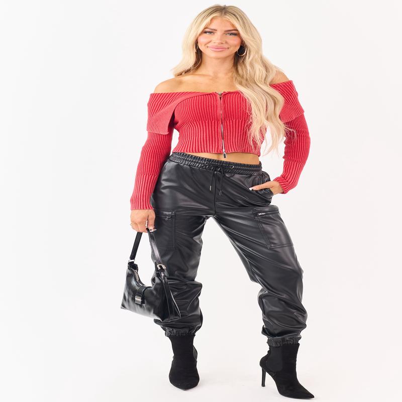 Black Faux Leather Elastic Waist Cargo Joggers