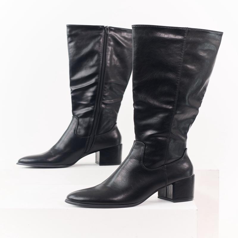 Black Faux Leather Tall Block Heel Boots