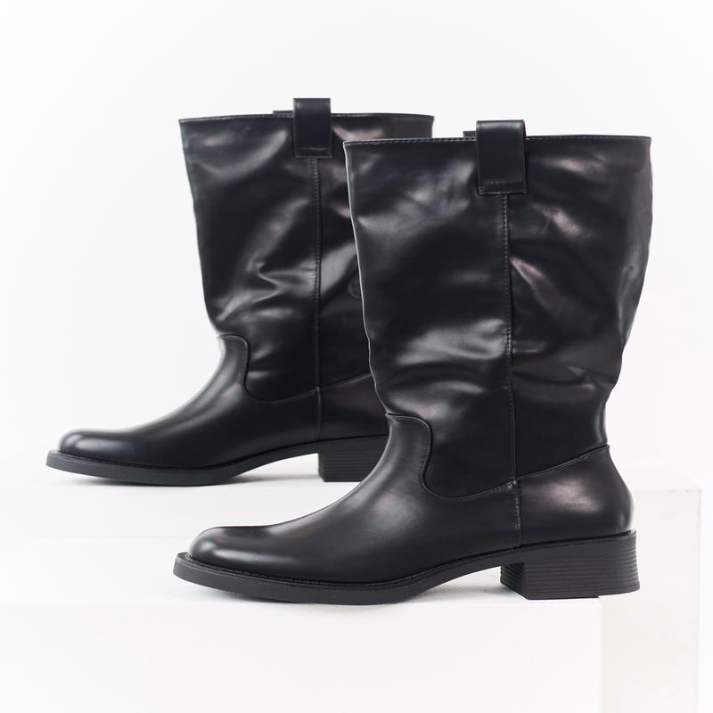 Black Faux Leather Tall Stacked Heel Boots