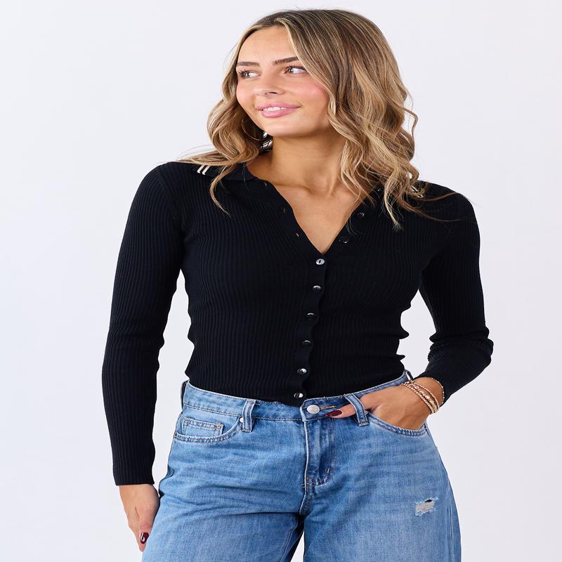 Black Rib Knit Collared Button Down Long Sleeve Top