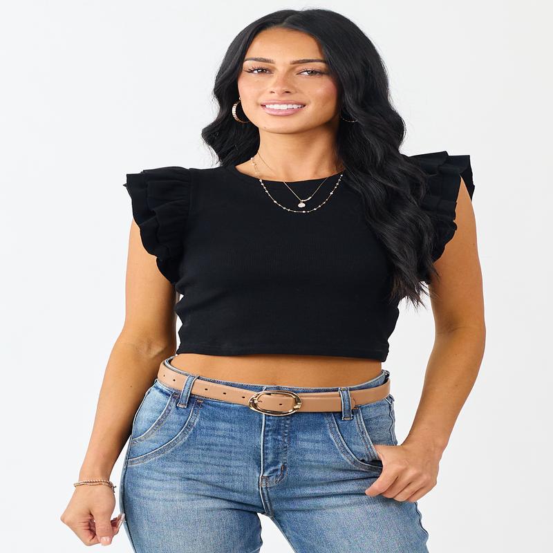 Black Rib Knit Ruffle Cap Sleeve Crop Top
