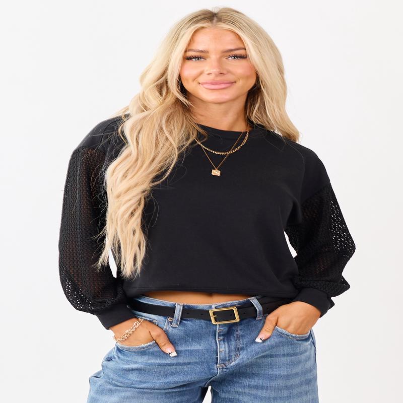 Black Terry Knit Contrast Fishnet Sleeve Sweatshirt
