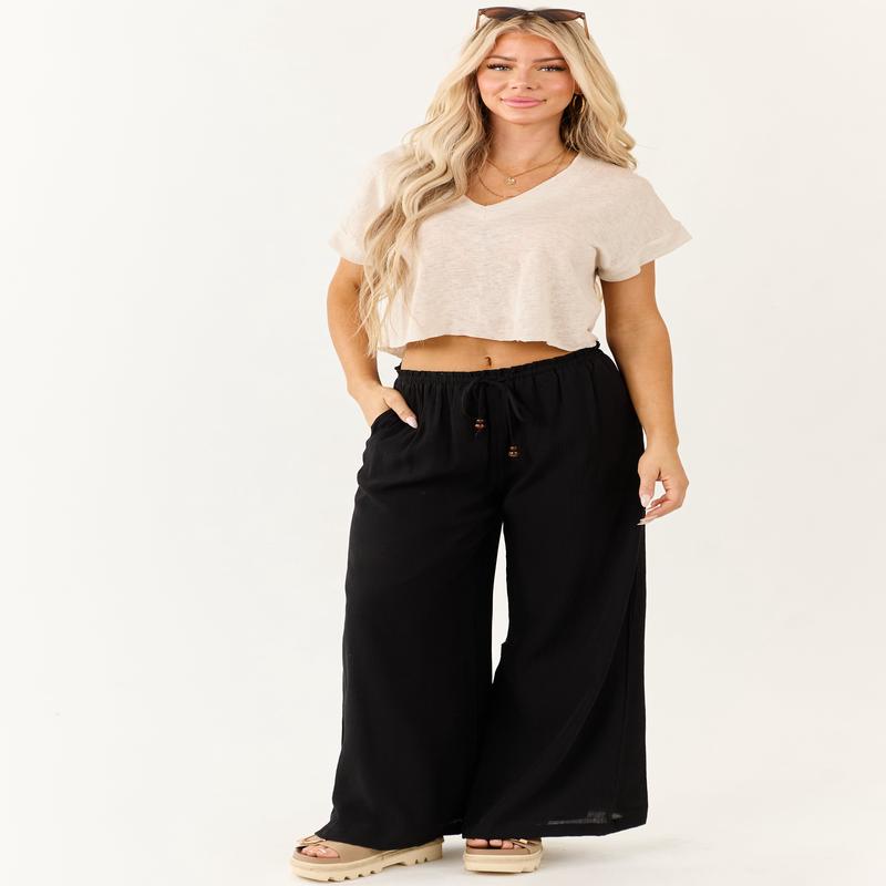 Black Wide Leg Drawstring High Waist Pants