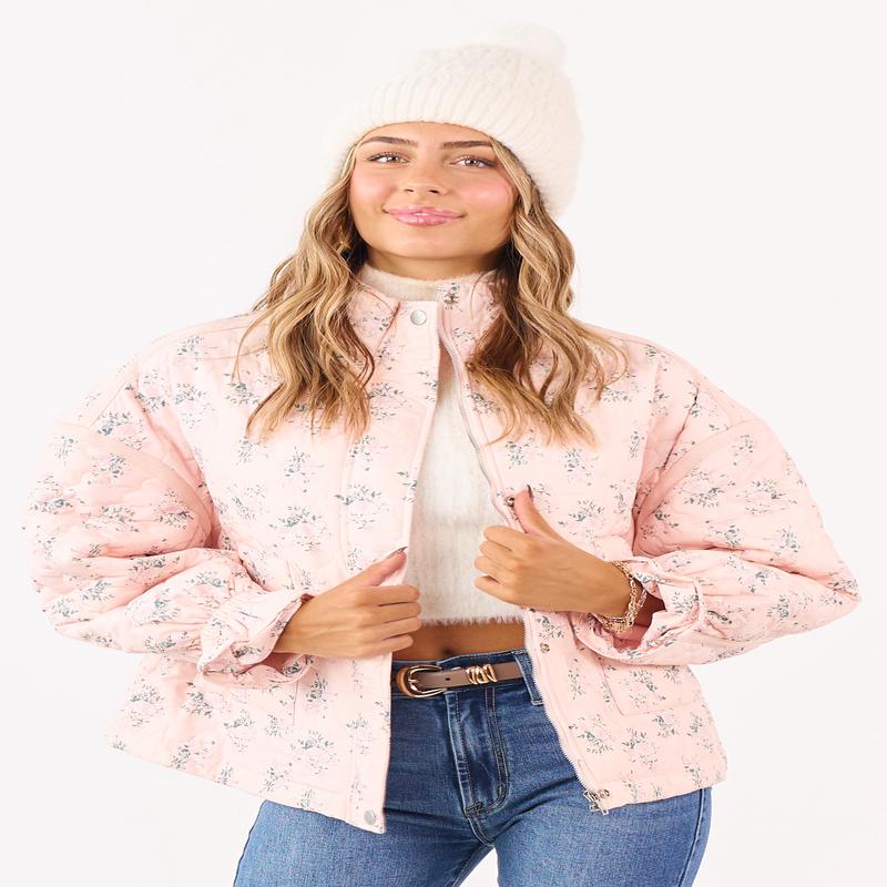 Blush Ditsy Floral Print Quilted Puff Jacket