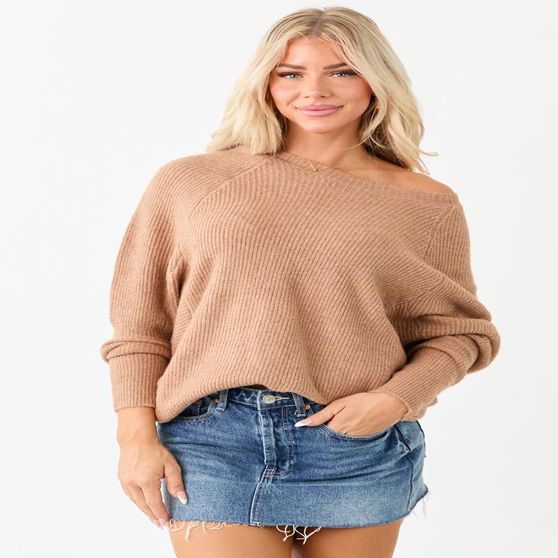 Brown Sugar Ribbed Knit Round Neck Relaxed Sweater