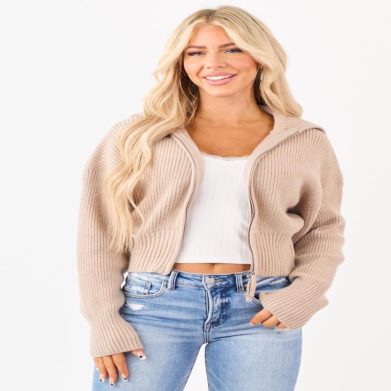 Camel Two-Way Zipper Knit Sweater Jacket