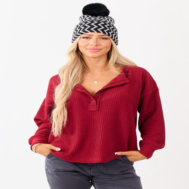 Candy Apple Red Long Sleeve Knit Henley Top