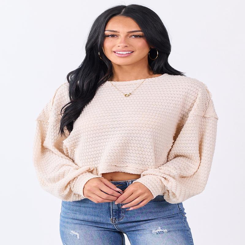 Champagne Waffle Knit Long Sleeve Boxy Top
