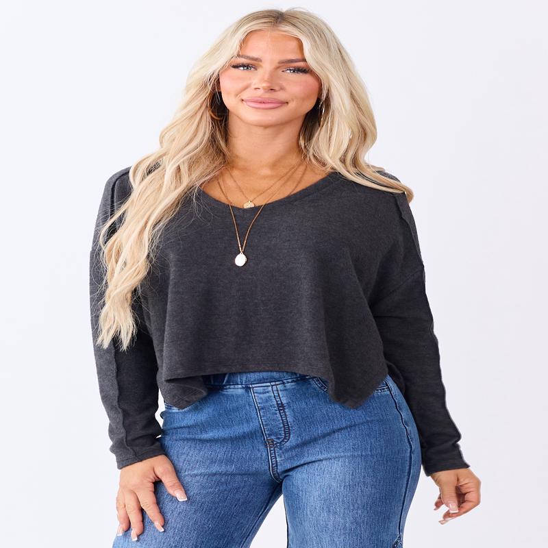 Charcoal Fleece V-Neck Long Sleeve Top