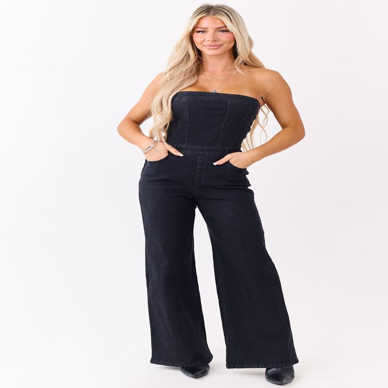 Charcoal Stretchy Denim Strapless Jumpsuit