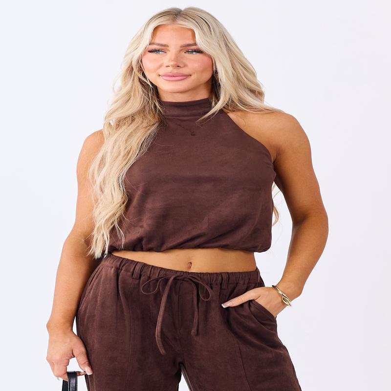 Chocolate Faux Suede Bubble Hem Halter Top