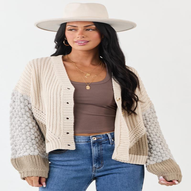 Coconut Colorblock Button Down Thick Knit Cardigan